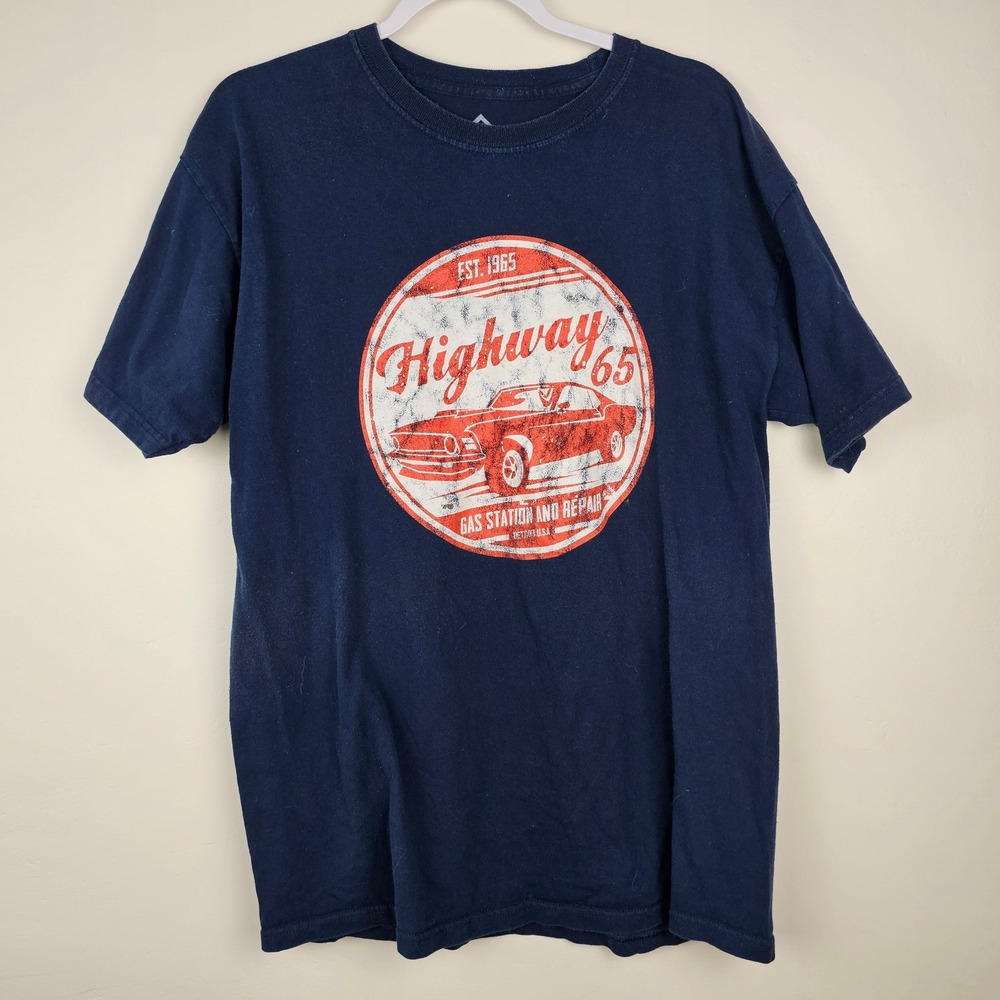 Highway 65 Gas Station Repair T-Shirt Mens Large Blue Graphic Tee